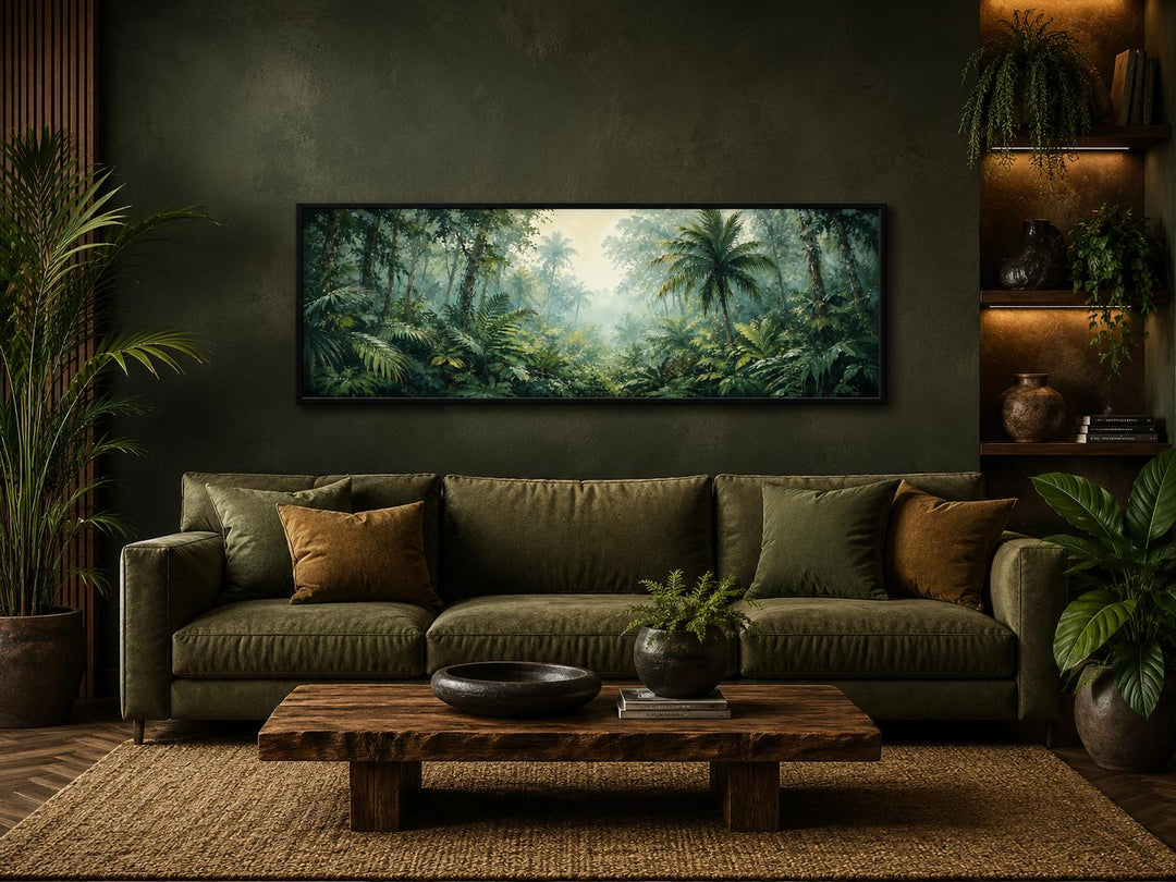Tropical jungle canvas art with misty rainforest and palm trees above a green sofa.