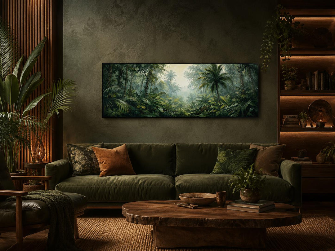 Wide horizontal canvas of a misty tropical jungle with palm trees above a green sofa.