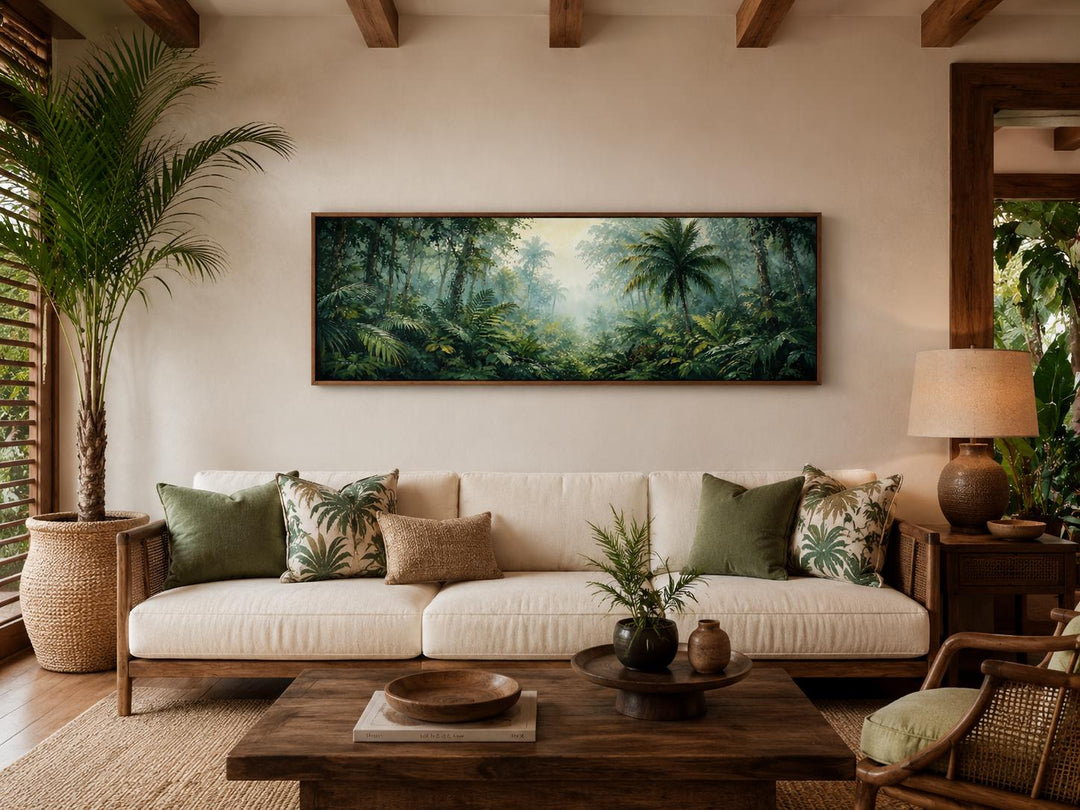 Long horizontal canvas of a misty tropical jungle with palm trees and lush green foliage.