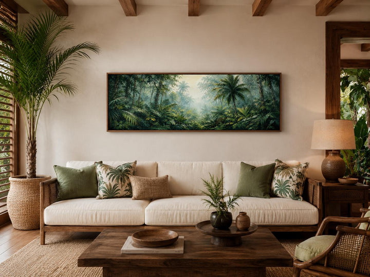 Long horizontal canvas of a misty tropical jungle with palm trees and lush green foliage.