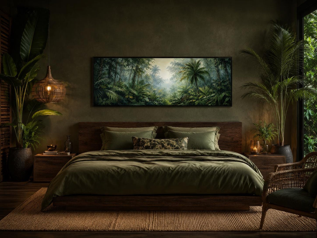 Wide horizontal canvas of a misty tropical rainforest with palm trees above a dark wood bed.