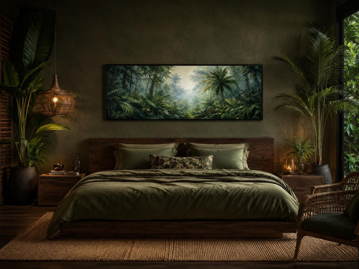 Wide horizontal canvas of a misty tropical rainforest with palm trees above a dark wood bed.