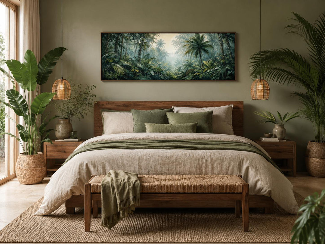 Tropical Jungle Canvas featuring a misty rainforest with palm trees above a bed in a green room.