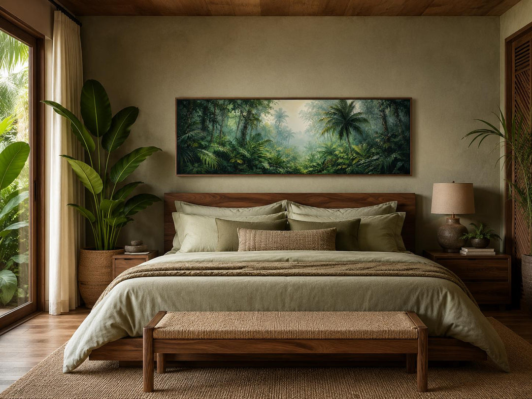 Wide horizontal canvas of a misty tropical jungle with palm trees above a bed in a moody bedroom.