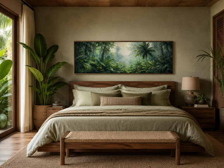 Wide horizontal canvas of a misty tropical jungle with palm trees above a bed in a moody bedroom.