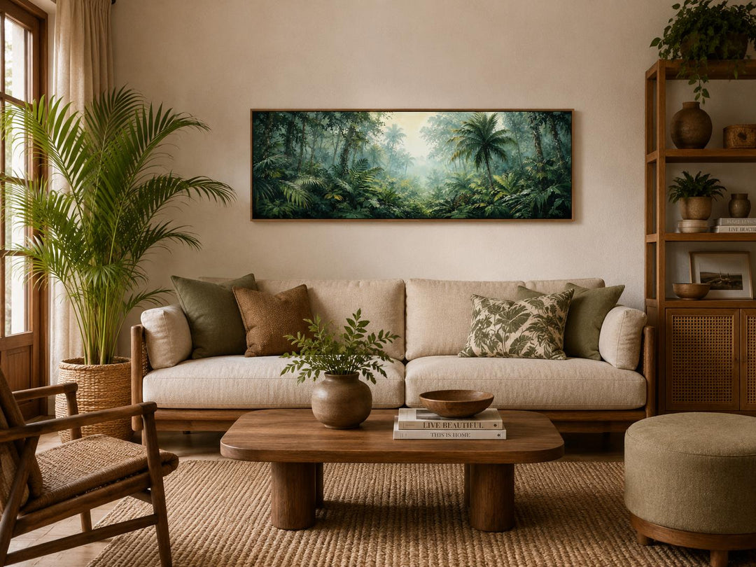Tropical Jungle Canvas featuring a misty rainforest with palm trees above a beige sofa.