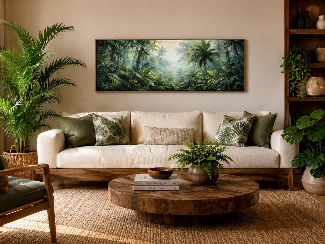 Tropical Jungle Canvas featuring a misty rainforest with palm trees and lush green foliage.