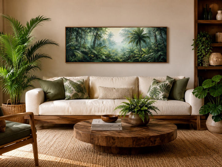 Tropical Jungle Canvas featuring a misty rainforest with palm trees and lush green foliage.