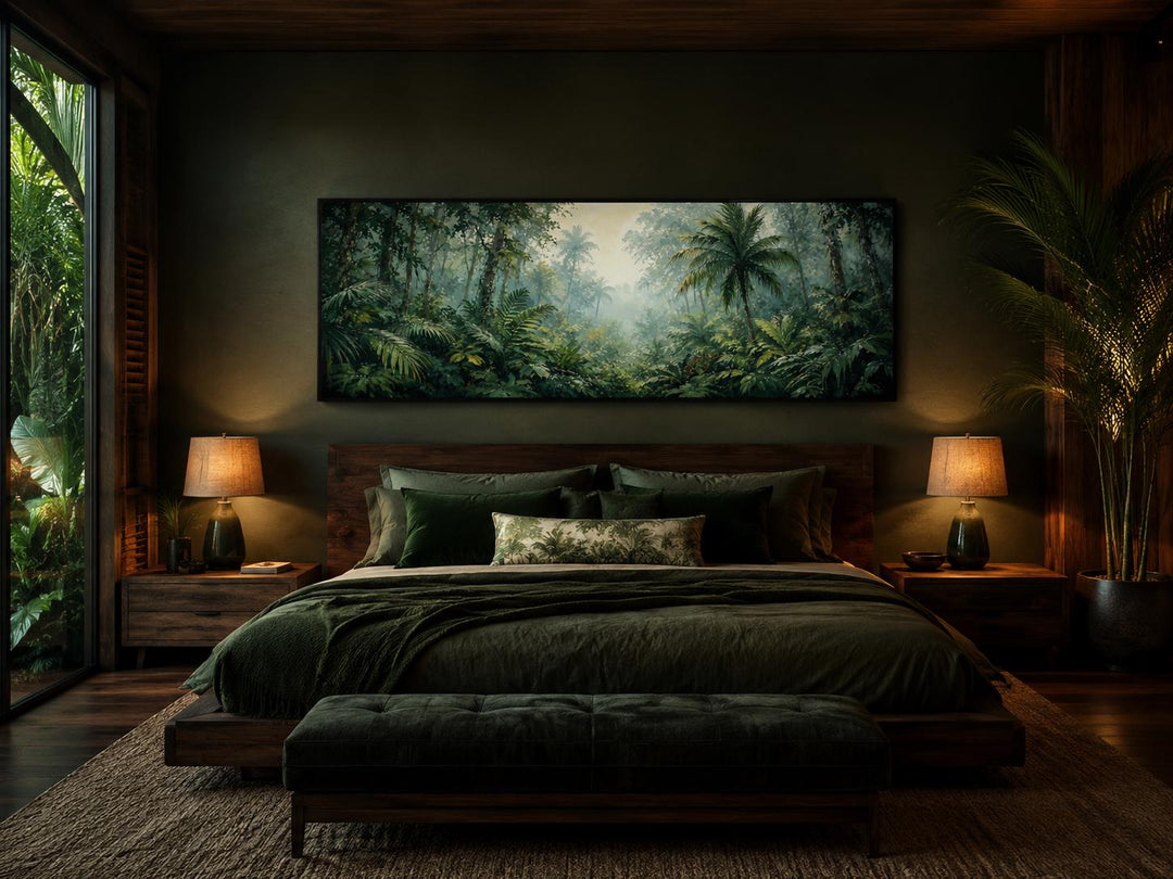 Tropical jungle canvas wall art with misty rainforest and palm trees above a bed in a dark room.