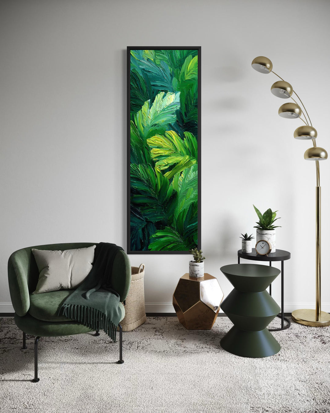 Vertical canvas print of a lush tropical jungle painting with vibrant green leaves on a white wall.