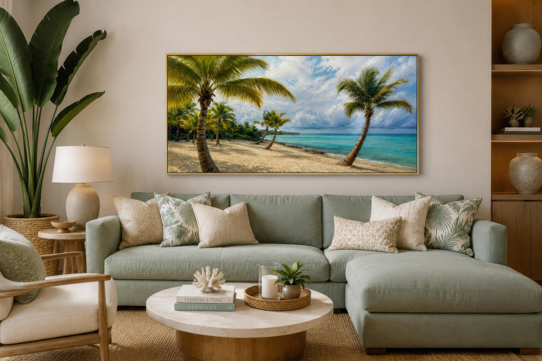 Horizontal canvas print of a tropical beach with palm trees, white sand, and turquoise water.