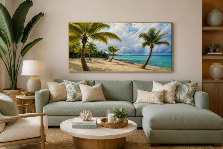 Horizontal canvas print of a tropical beach with palm trees, white sand, and turquoise water.