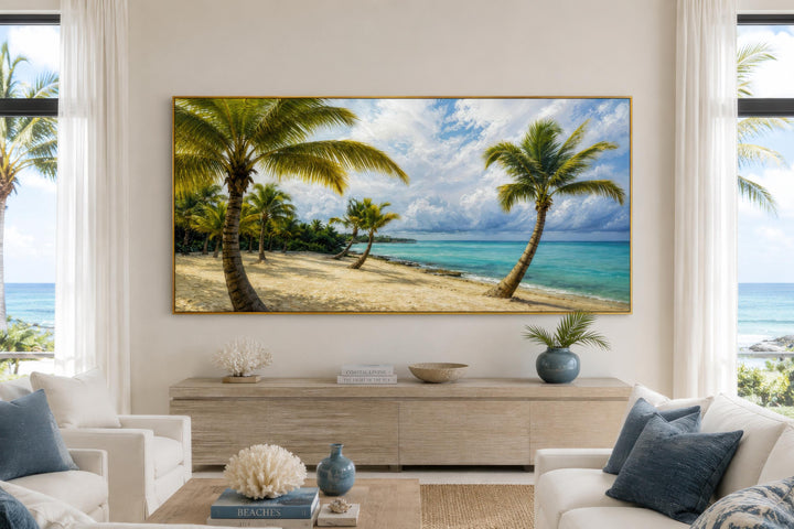 Tropical palm tree wall art canvas print above a console in a coastal living room.