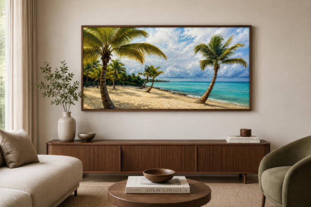 Tropical palm tree wall art horizontal canvas print of a coastal beach scene above a wood console.
