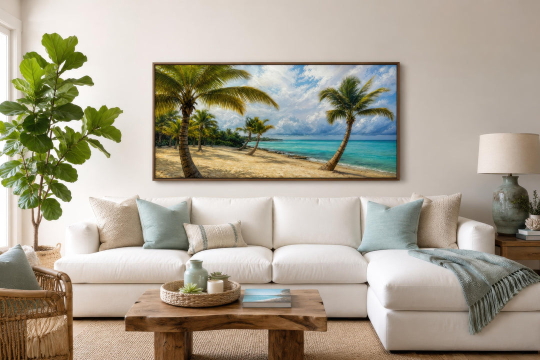 Horizontal canvas print of a tropical beach with palm trees, white sand, and turquoise water.