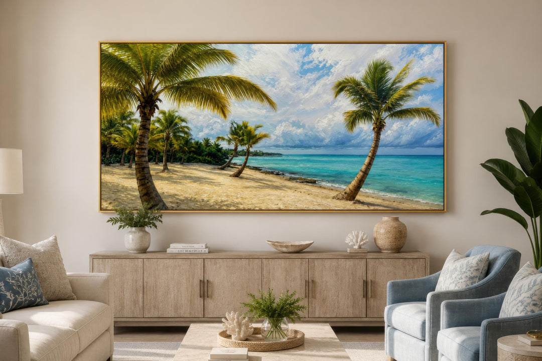 Tropical palm tree wall art canvas print featuring a sunny beach scene above a wooden console.