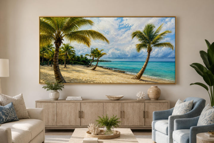 Tropical palm tree wall art canvas print featuring a sunny beach scene above a wooden console.