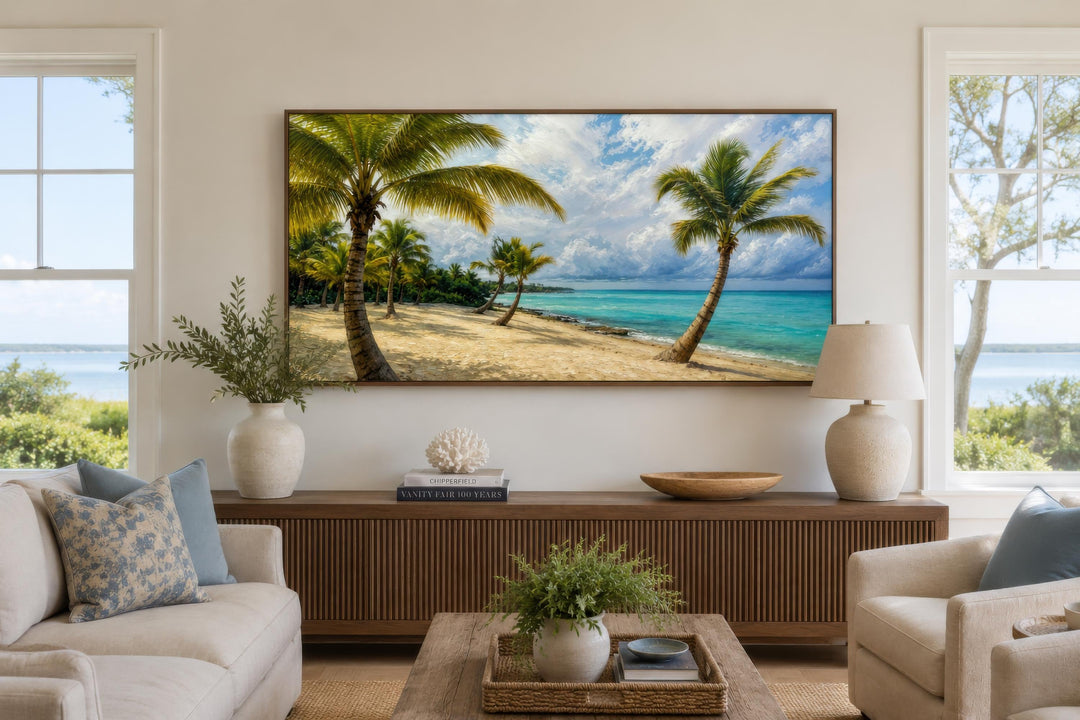 Tropical palm tree wall art canvas print showing a sunny beach scene above a wooden console table.