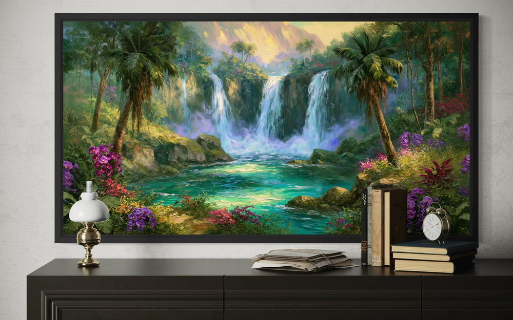 Tropical Waterfall Jungle Paradise canvas wall art featuring a lush rainforest and waterfalls.
