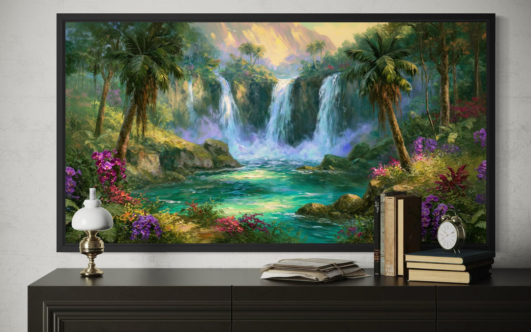 Tropical Waterfall Jungle Paradise canvas wall art featuring a lush rainforest and waterfalls.