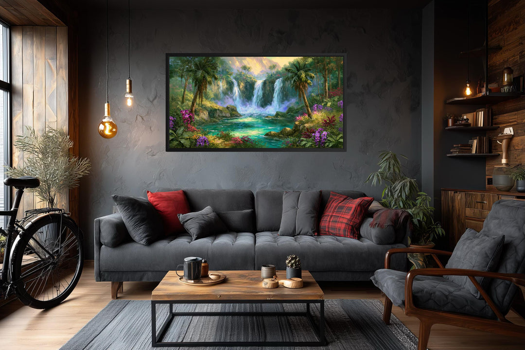 Tropical Waterfall Jungle Paradise canvas wall art hanging in a modern living room.