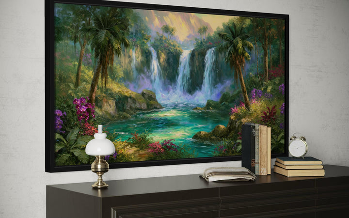 Tropical Waterfall Jungle Paradise canvas wall art displayed above a dark wood dresser.