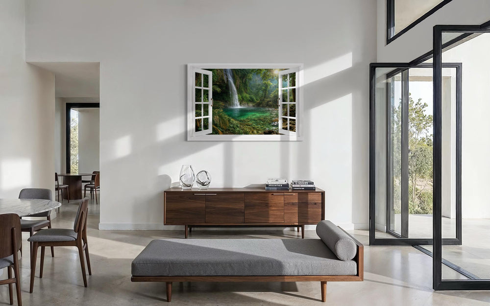 Tropical waterfall lagoon window view canvas wall art displayed in a modern living room.