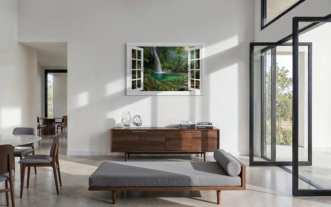 Tropical waterfall lagoon window view canvas wall art displayed in a modern living room.