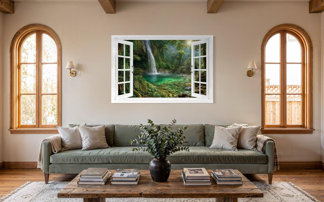 A tropical waterfall lagoon window view canvas wall art hangs above a sofa in a living room.