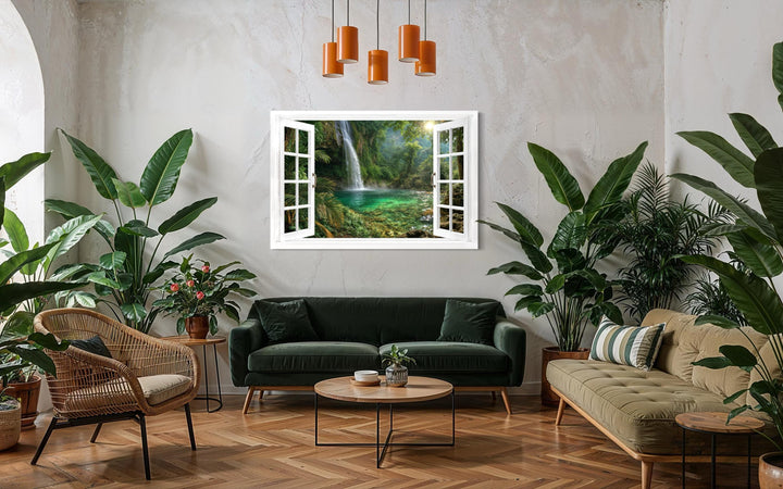 A canvas wall art piece depicting a tropical waterfall lagoon through an open white window frame.