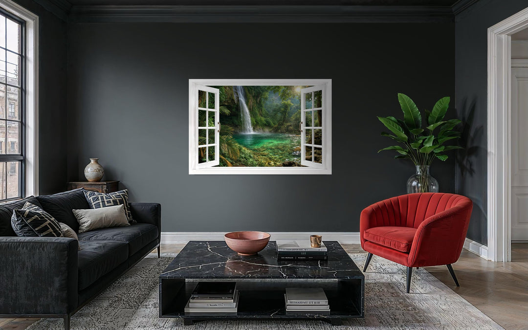 A canvas wall art piece depicting a tropical waterfall through an open white window frame.