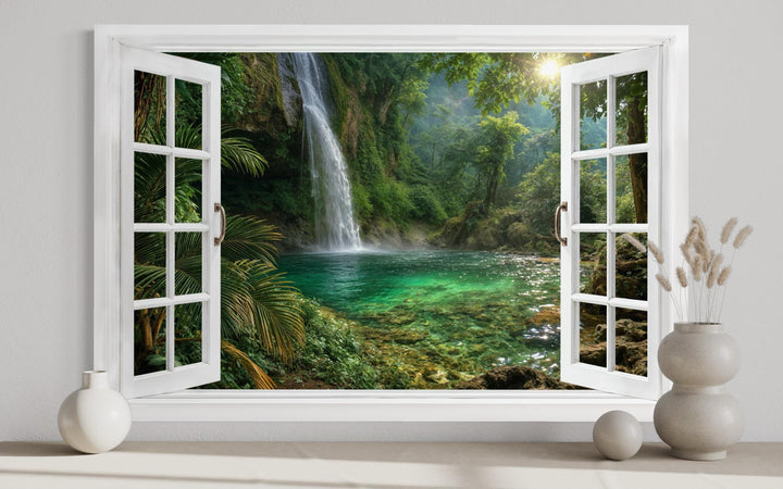 A white window frame canvas art showing a tropical waterfall cascading into a green lagoon.