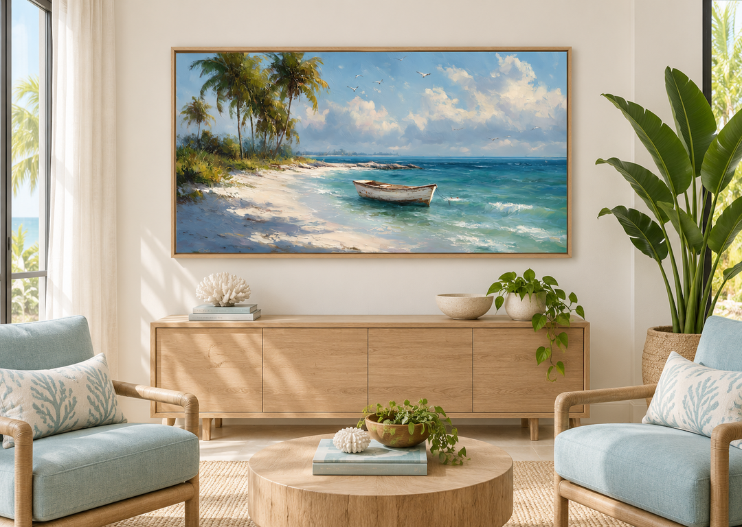 Tropical beach painting with a white boat, palm trees, and turquoise water on a living room wall.