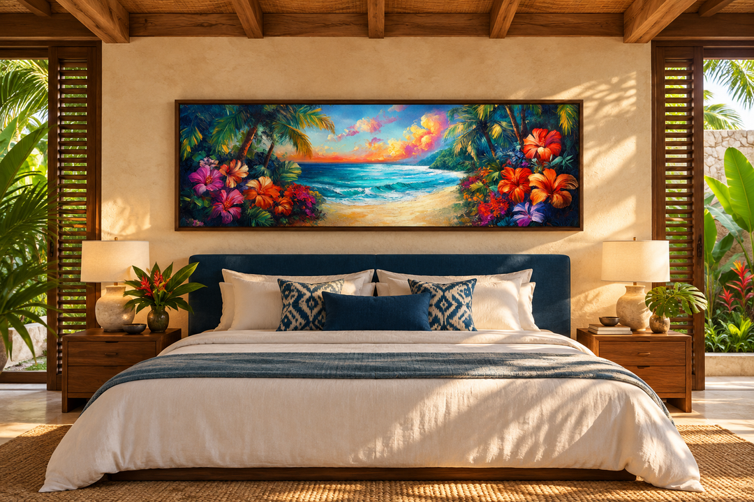 Long narrow framed canvas wall art of a tropical beach sunset with hibiscus flowers above a bed.