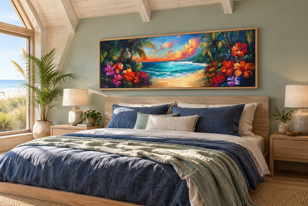 Tropical beach sunset framed canvas wall art with hibiscus flowers above a bed in a coastal room.