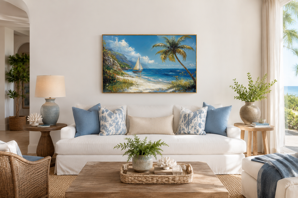 Tropical beach framed canvas wall art with a sailboat and palm tree above a white sofa.