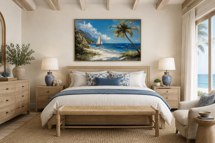 Coastal framed canvas wall art of a tropical beach with a sailboat and palm tree above a bed.