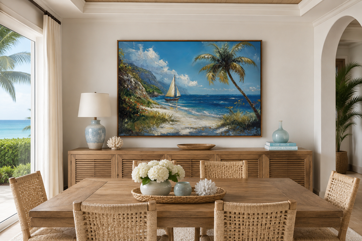 Tropical beach framed canvas wall art featuring a sailboat and palm tree in a coastal dining room.