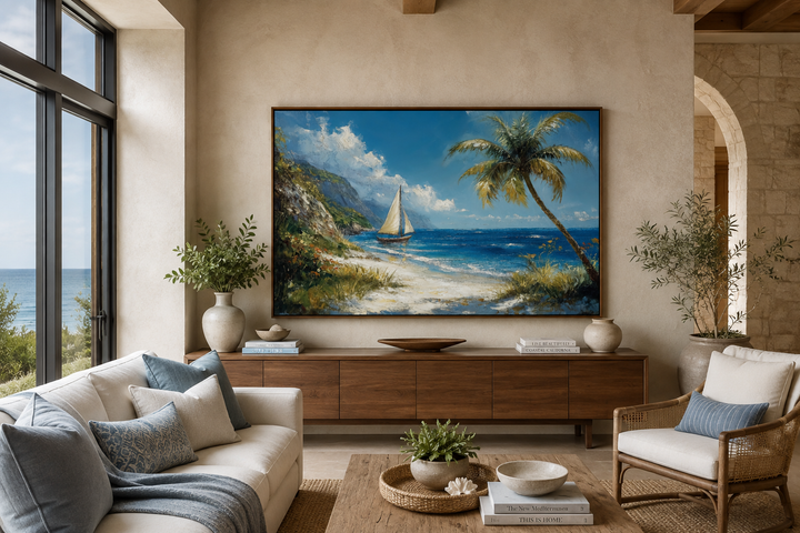 Tropical beach framed canvas wall art with a sailboat and palm tree in a coastal living room.
