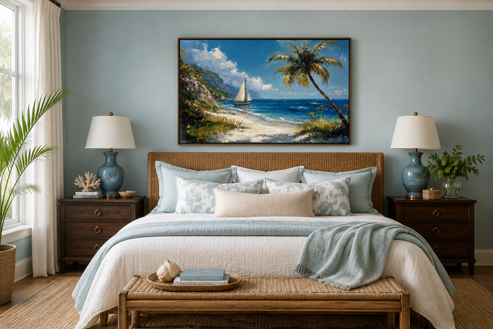 Tropical beach framed canvas wall art with a sailboat and palm tree above a bed in a coastal room.