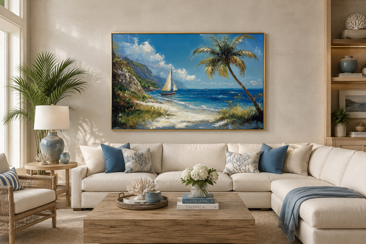 Tropical beach framed canvas wall art with a sailboat and palm tree above a white sectional sofa.