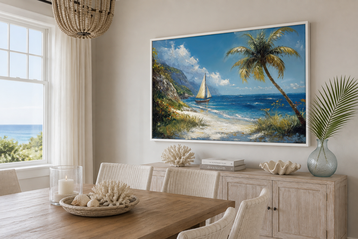 Tropical beach framed canvas wall art featuring a sailboat, palm tree, and ocean in a dining room.