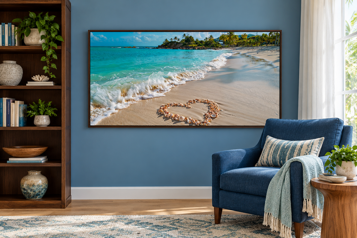 Tropical beach framed canvas wall art with heart-shaped seashells on a sandy shore.