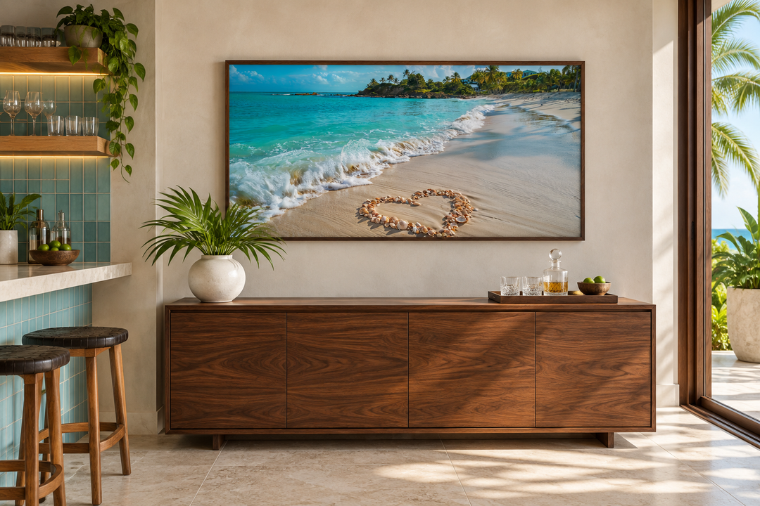 Tropical beach framed canvas wall art featuring a heart made of seashells on a sandy shore.