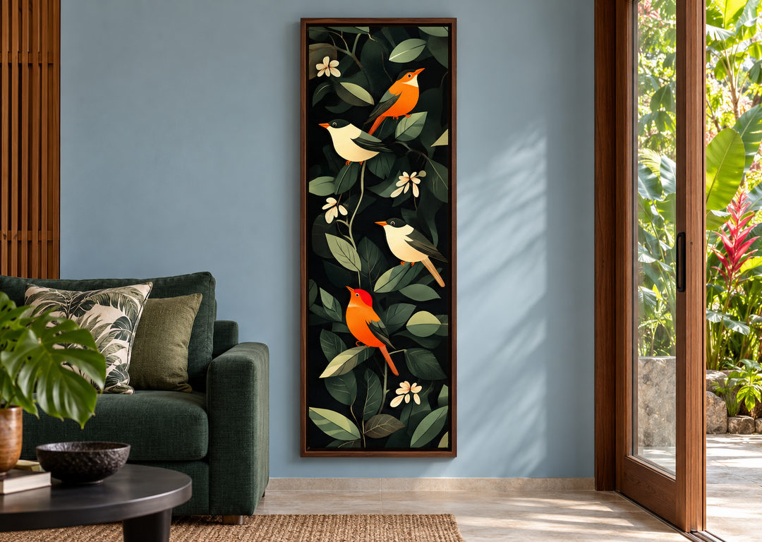 Vertical narrow canvas wall art featuring exotic birds among tropical leaves in a modern room.