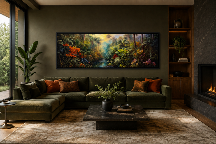 Tropical rainforest long horizontal framed canvas wall art hanging above a green velvet sofa.