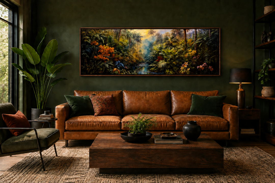Tropical rainforest long horizontal framed canvas wall art hanging above a brown leather sofa.