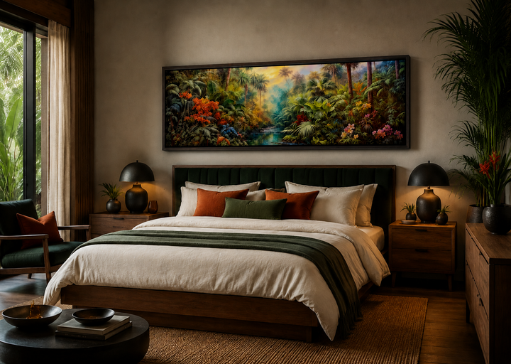 Tropical rainforest long horizontal framed canvas wall art hanging above a bed in a bedroom.