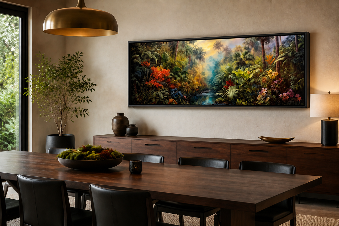 Tropical rainforest long horizontal framed canvas wall art hanging above a wooden sideboard.