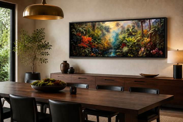 Tropical rainforest long horizontal framed canvas wall art hanging above a wooden sideboard.